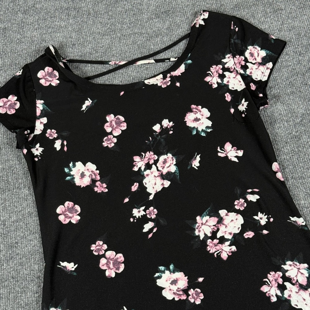 Floral Tunic Dress Womens Large Black Floral Short Sleeve Stretch‎ Summer Casual
